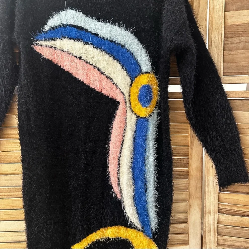 Rare Farm Rio Fuzzy Sweater Dress Bird Print in black size S - Picture 2 of 4